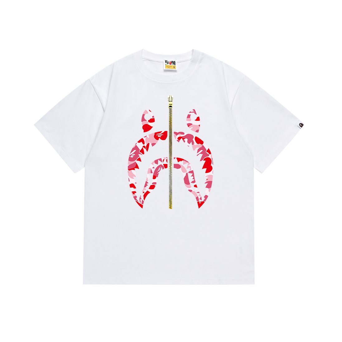 BAPE Shark Zip Graphic T-Shirt - Red/Pink Camo — front