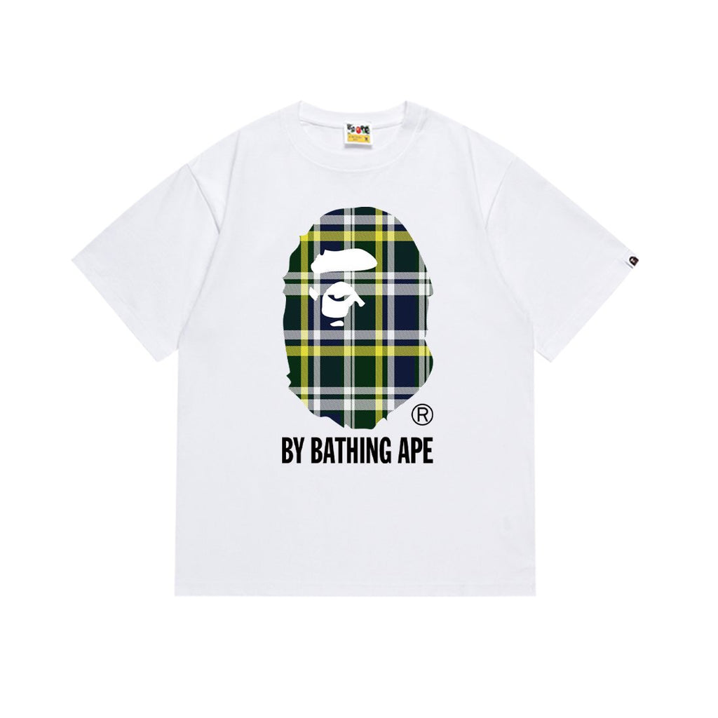 BAPE Green/Yellow Plaid Ape Head Graphic T-Shirt — front