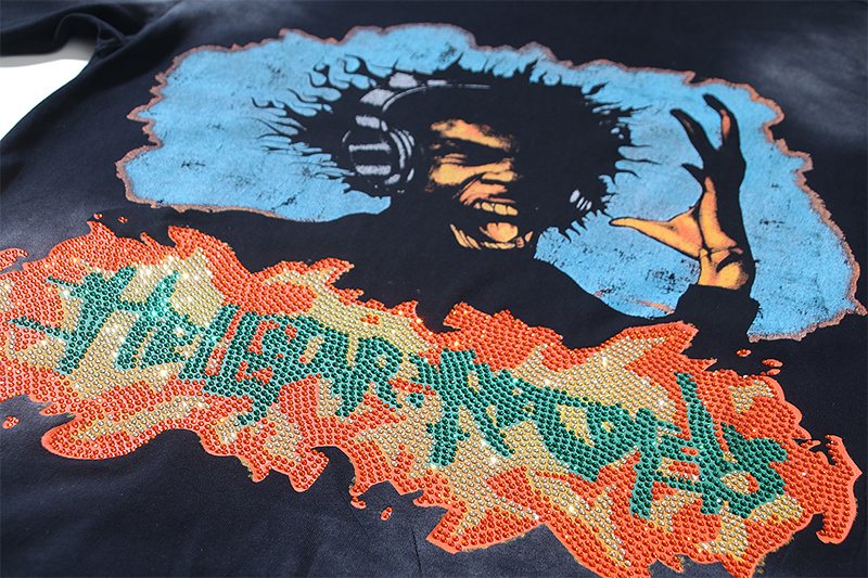 Hellstar Washed Black Rhinestone Graphic T-Shirt — detail