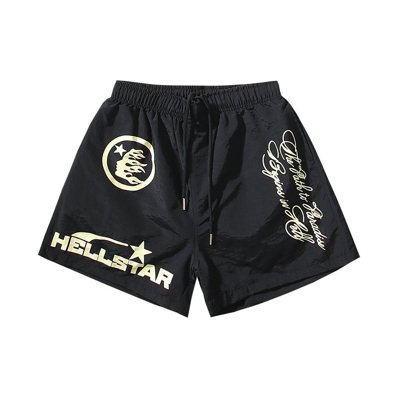 Hellstar Cream Graphic Black Shorts — front