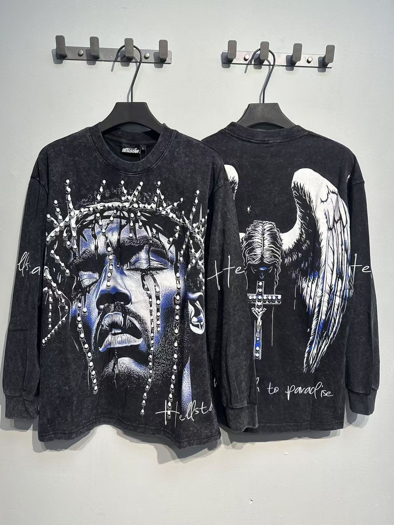 Hellstar Washed Black Wing Cross Long-Sleeve T-Shirt — context