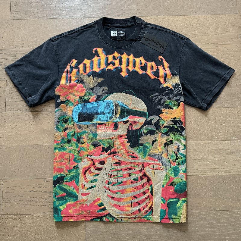 Godspeed Skeleton & Floral Washed Graphic T-Shirt — front