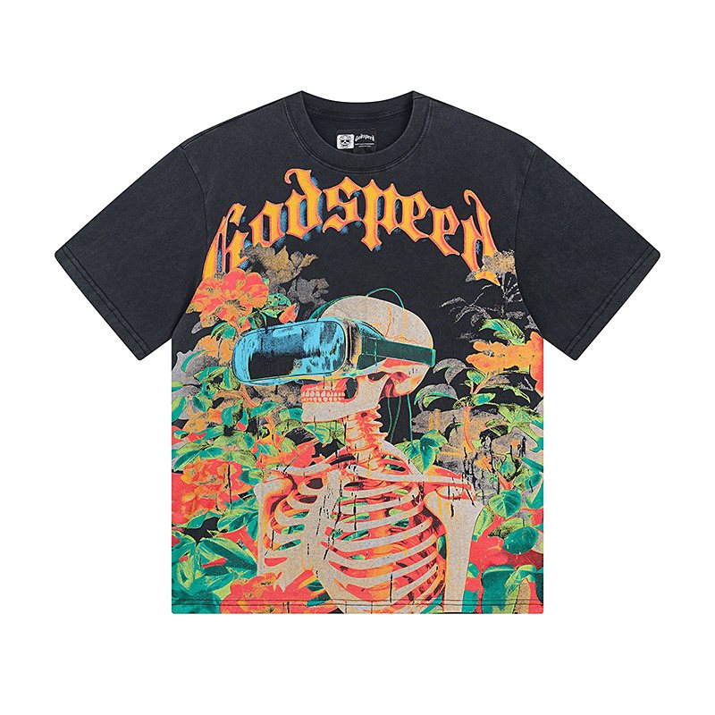 Godspeed Skeleton & Floral Washed Graphic T-Shirt — hero