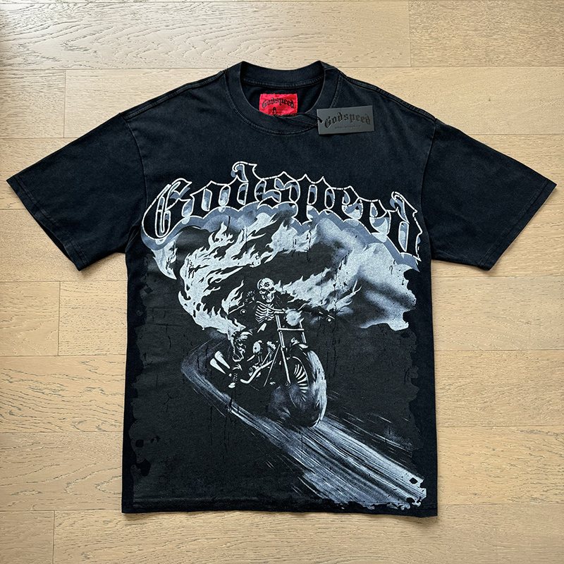 Godspeed Washed Black Motorcycle Graphic T-Shirt — front
