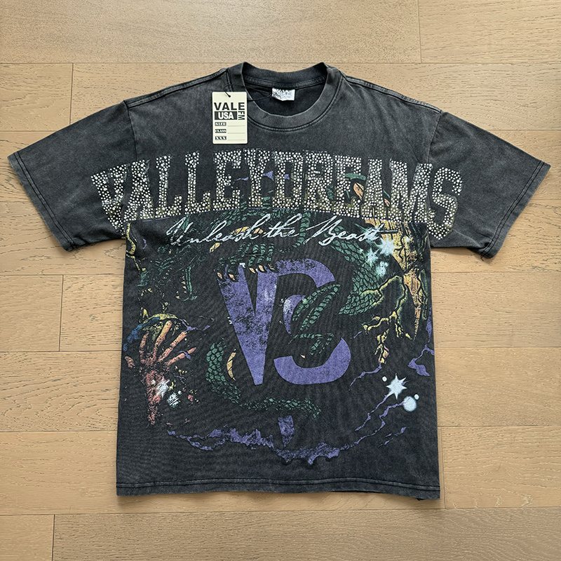 VALE USA Rhinestone Graphic Washed Black T-Shirt — front