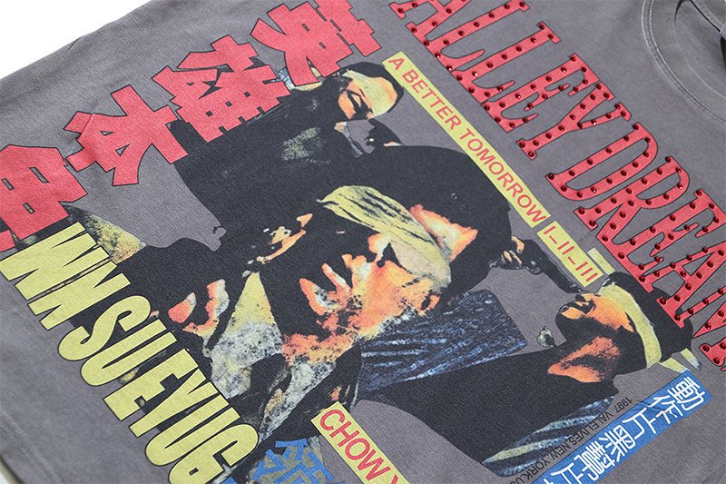 VALE USA Washed Gray Rhinestone Graphic T-Shirt — detail