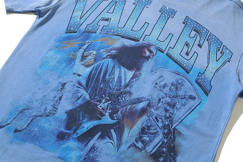 VALE USA Washed Light Blue Rhinestone Graphic T-Shirt — detail