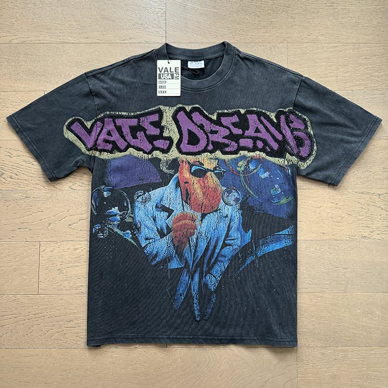 VALE USA Washed Black Rhinestone Graphic T-Shirt — front