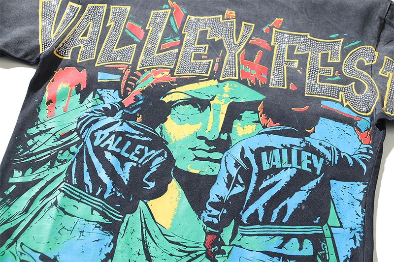 VALE USA Washed Black Rhinestone Graphic T-Shirt — detail