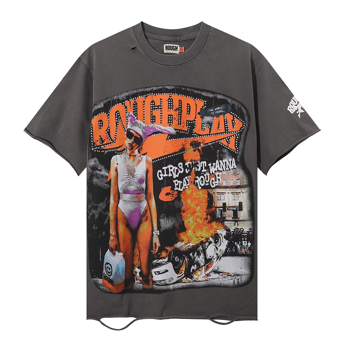 Rough Play Bunny Car Rhinestone Distressed T-Shirt — hero