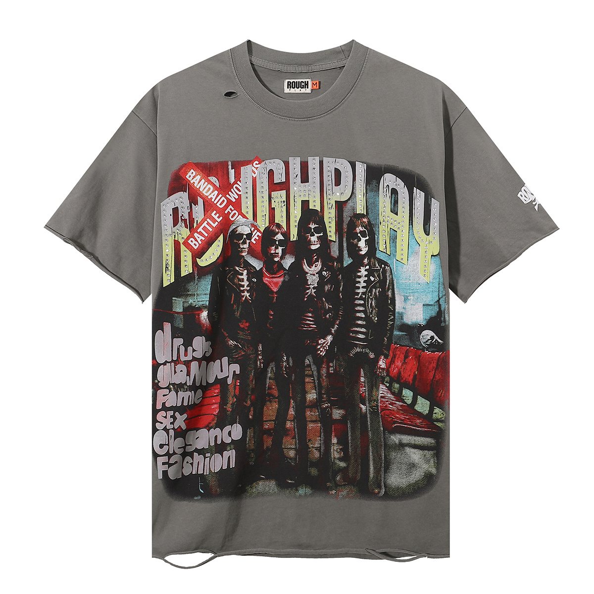 Rough Play Skeleton Rhinestone Distressed T-Shirt — front