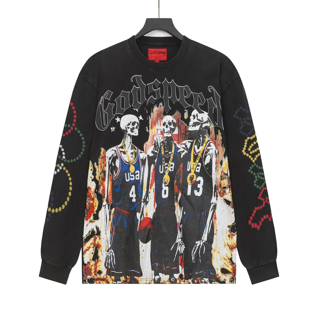 Godspeed Skeleton Basketball Graphic Long-Sleeve T-Shirt — hero