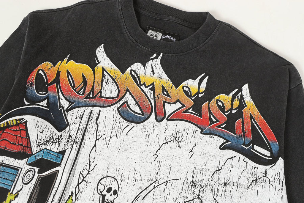 Godspeed Washed Black Skeleton Car Graphic Long-Sleeve T-Shirt — detail
