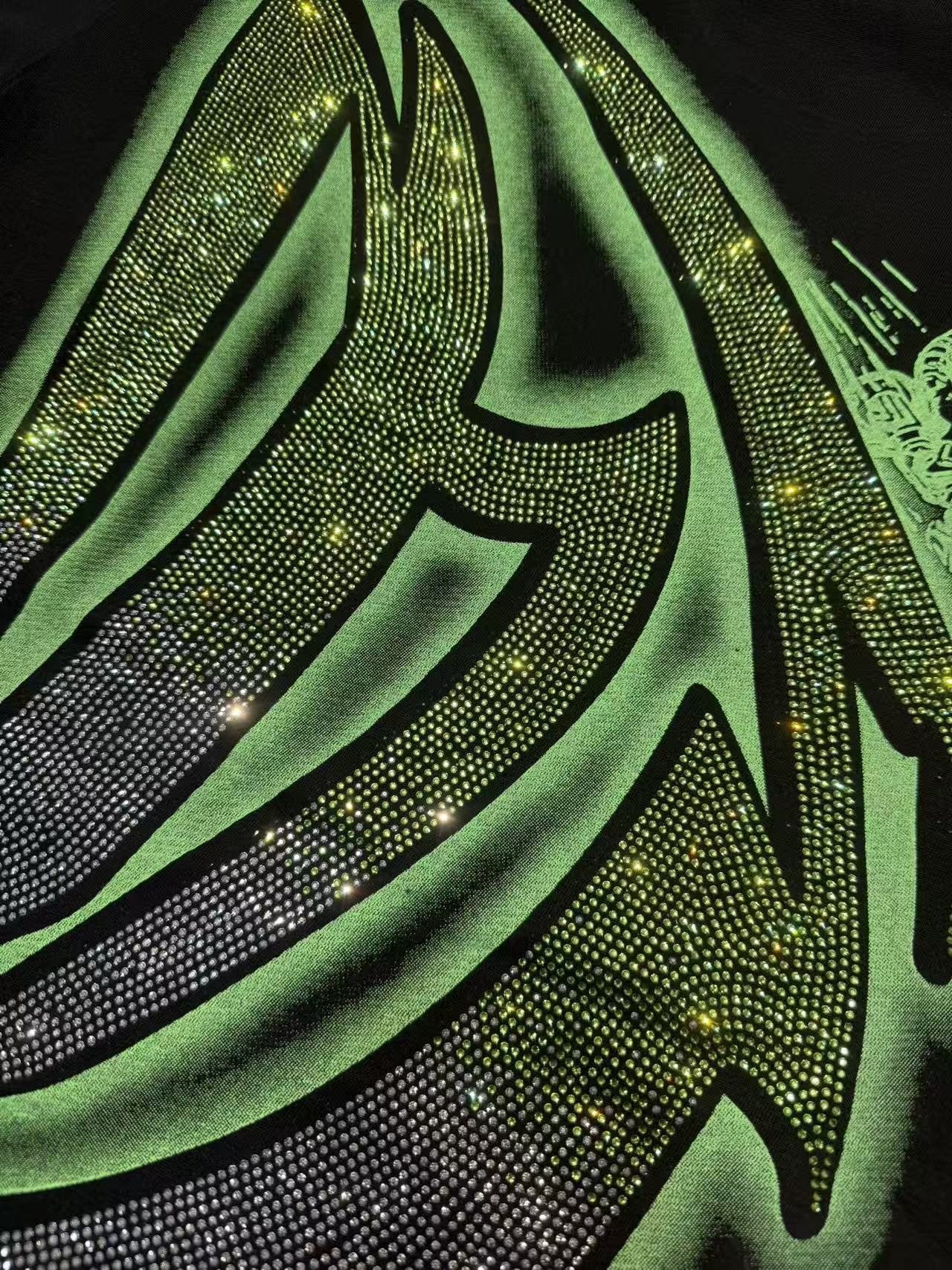 MIXED EMOTION Green Graphic Rhinestone T-Shirt — detail