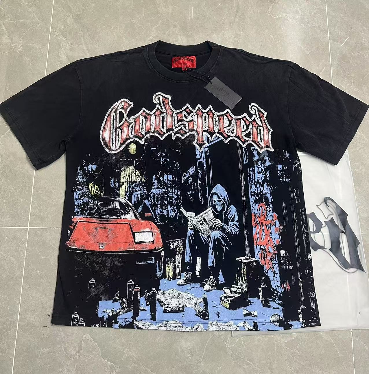 Godspeed Washed Black Reaper Car Graphic T-Shirt — front