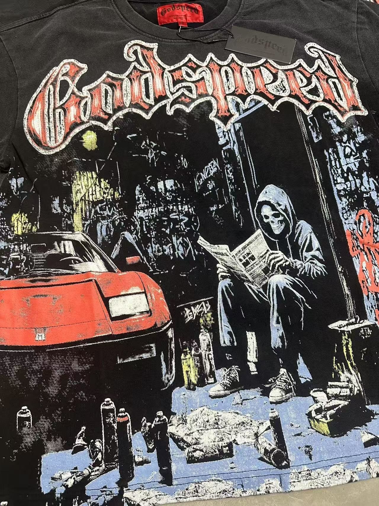 Godspeed Washed Black Reaper Car Graphic T-Shirt — front