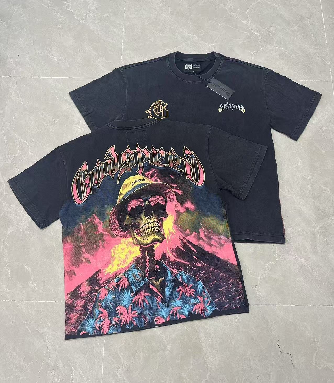 Godspeed Washed Black Skull Graphic T-Shirt — context