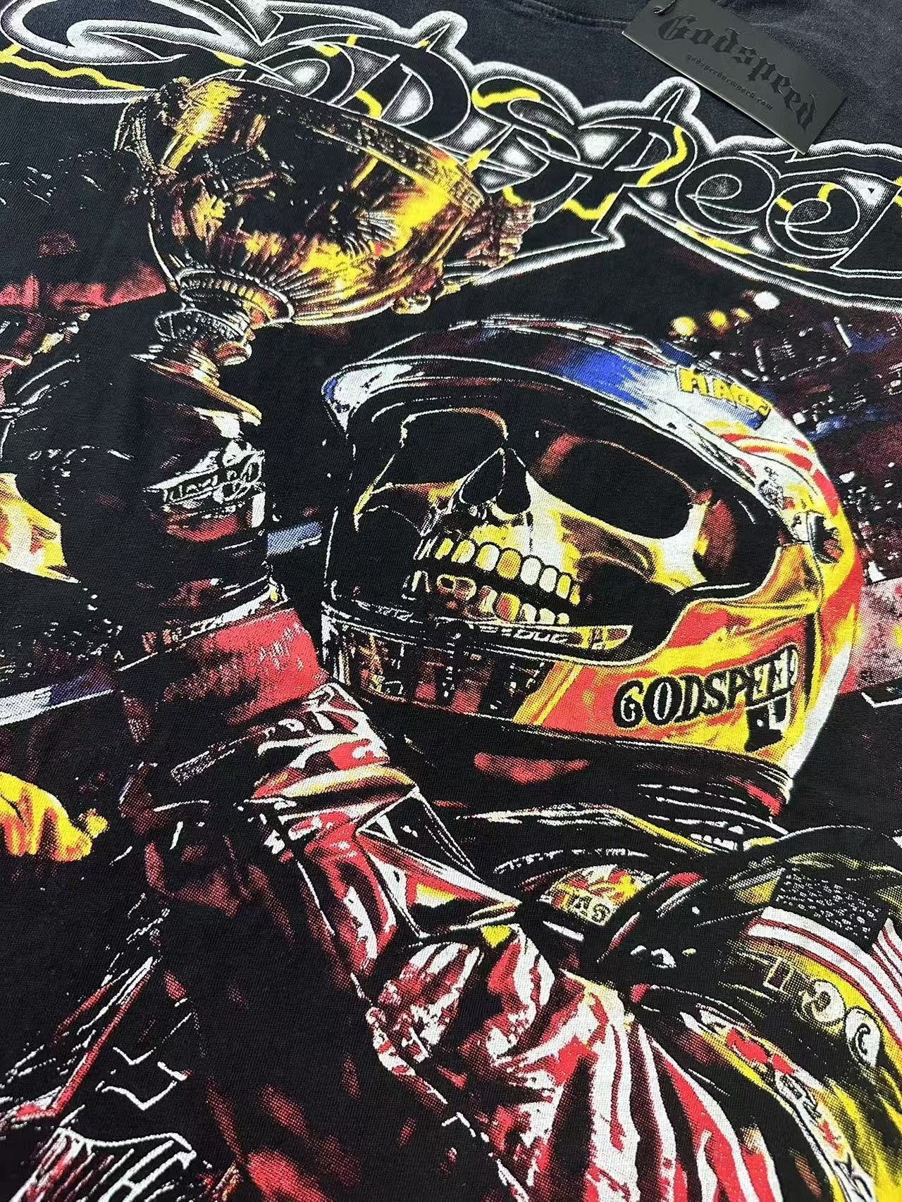 Godspeed Racer Skull Graphic T-Shirt — fabric_closeup
