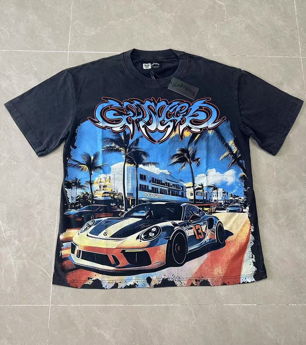 Godspeed Washed Black Car & Sun-Eye Graphic T-Shirt — front