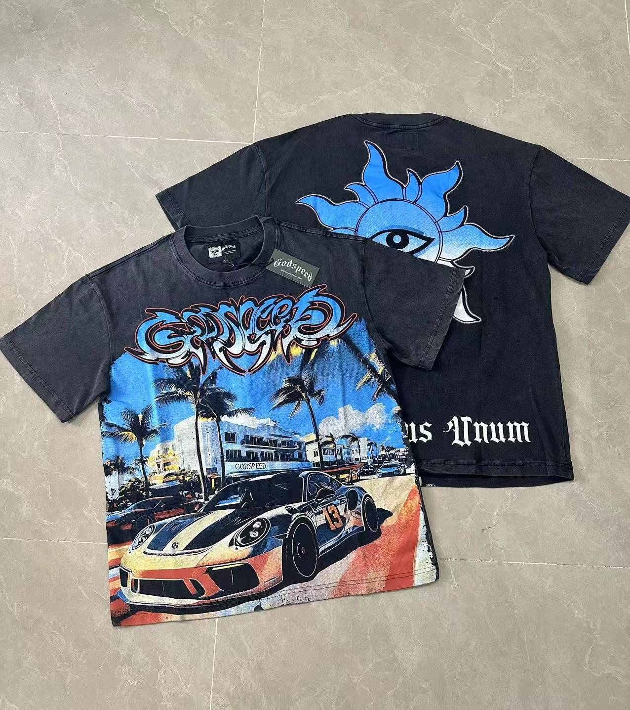 Godspeed Washed Black Car & Sun-Eye Graphic T-Shirt — comparison