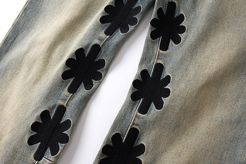 LOSTSHDWS Floral Applique Light Blue Flare Jeans — detail