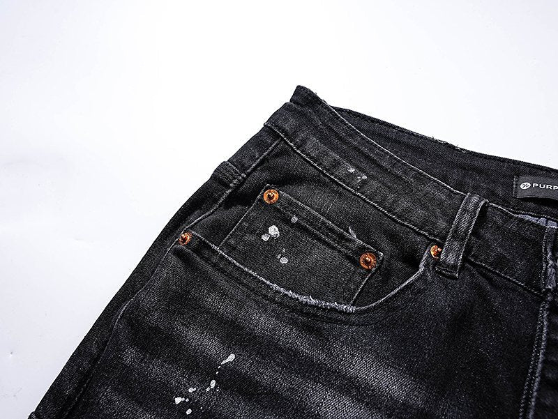 Purple Brand Black Paint Splatter Distressed Jeans — detail