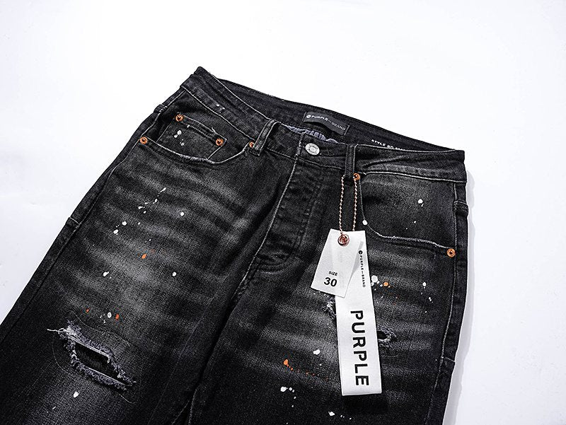 Purple Brand Black Paint Splatter Distressed Jeans — detail