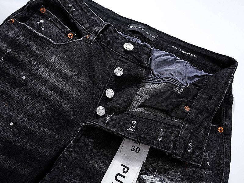 Purple Brand Black Paint Splatter Distressed Jeans — detail