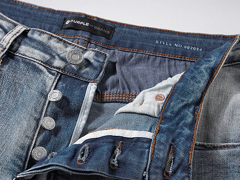 Purple Brand Light Blue Distressed Paint Splatter Jeans — detail