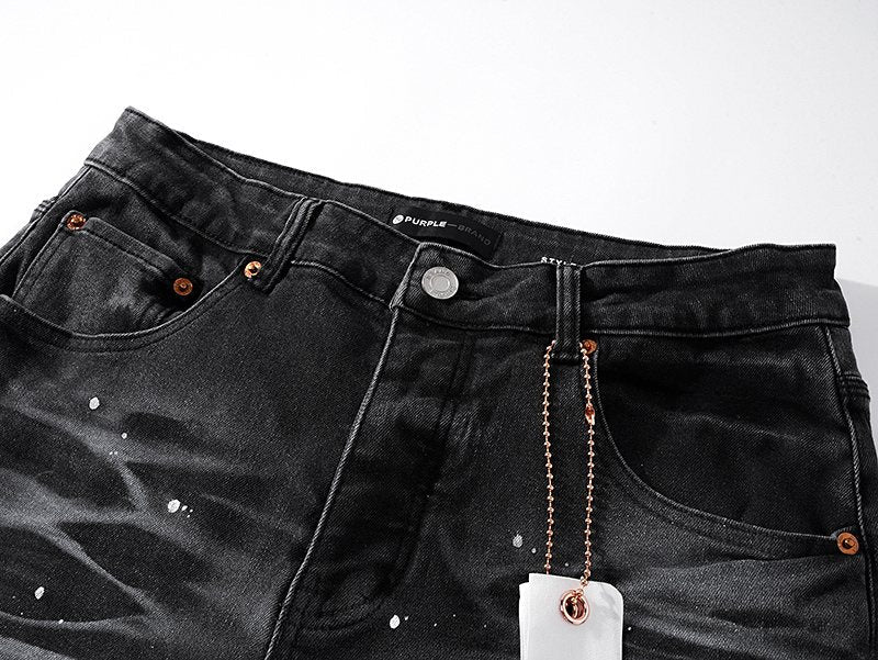 Purple Brand Paint Splatter Waxed-Look Black Jeans — detail