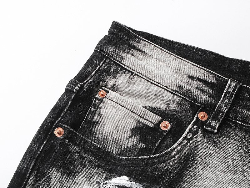 Purple Brand Washed Distressed Paint-Effect Jeans — detail