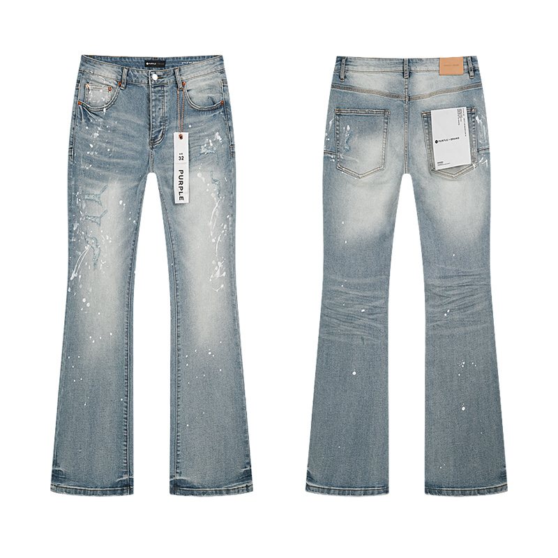 Purple Brand Light Blue Paint-Splatter Distressed Flared Jeans — hero
