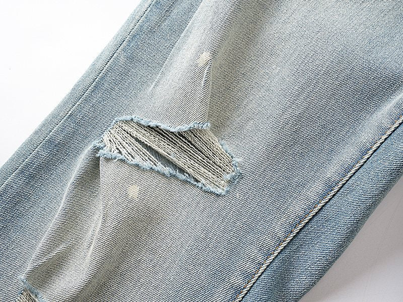 Purple Brand Light Blue Distressed Paint-Splatter Flared Jeans — detail