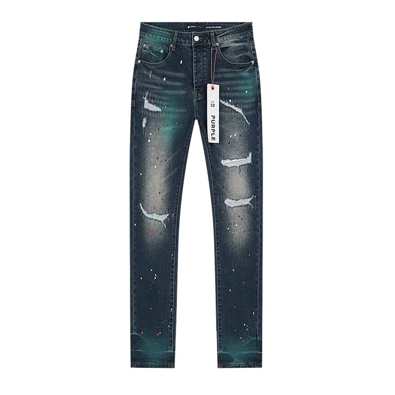 Purple Brand Dark Blue Distressed Paint Splatter Jeans — hero