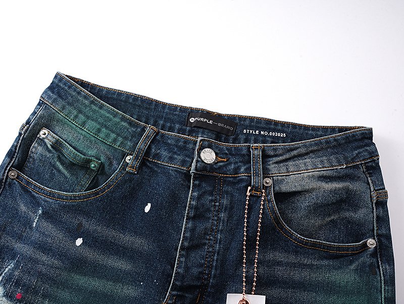 Purple Brand Dark Blue Distressed Paint Splatter Jeans — detail