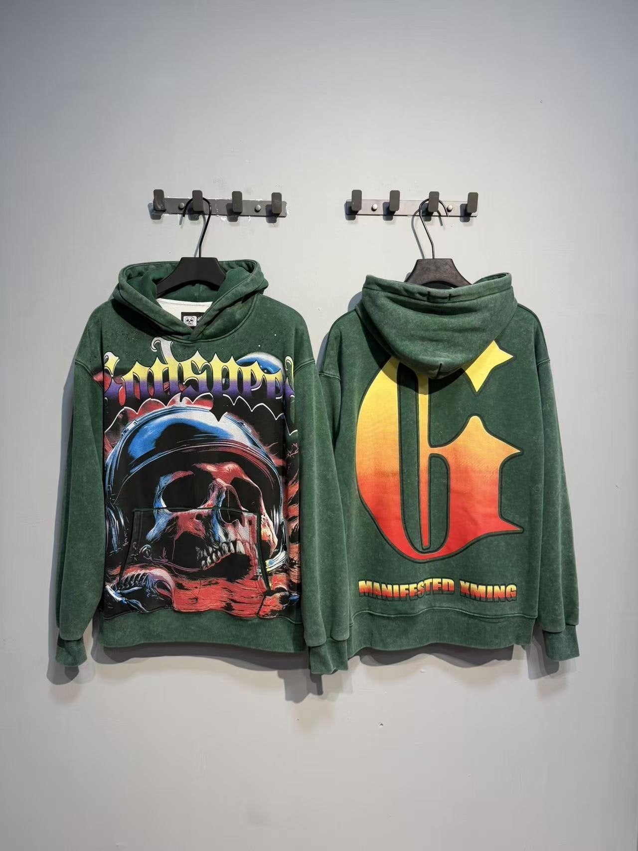 Godspeed Skull Graphic Acid Wash Hoodie — context