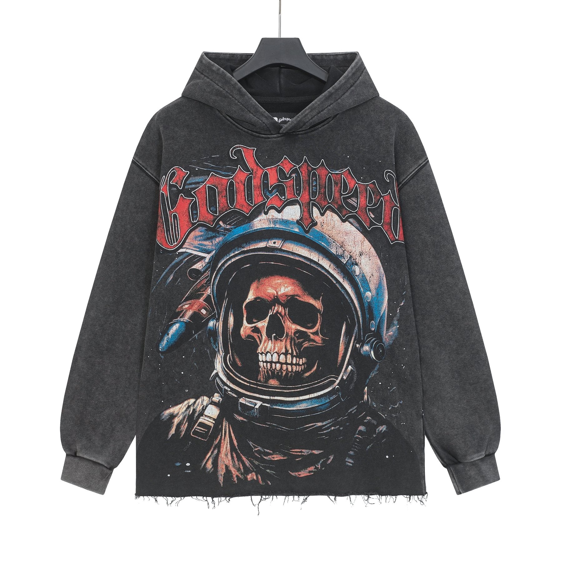 Godspeed Astronaut Skull Graphic Washed Raw Hem Hoodie — front