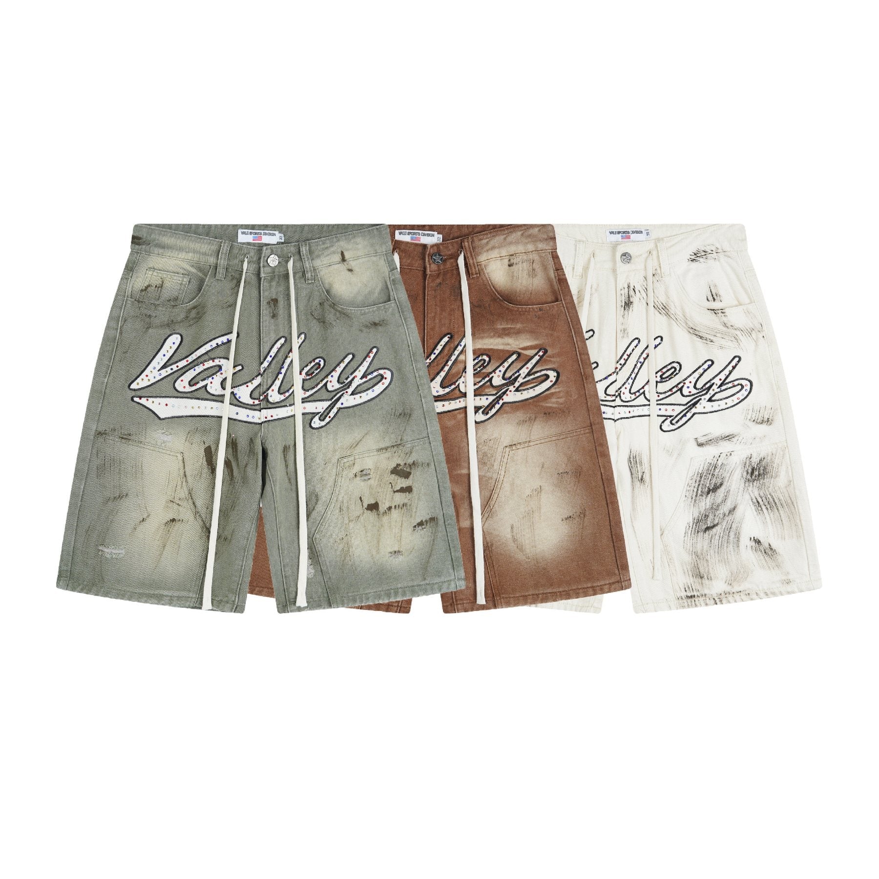 VALLEY Skittles Rhinestone Denim Shorts — comparison