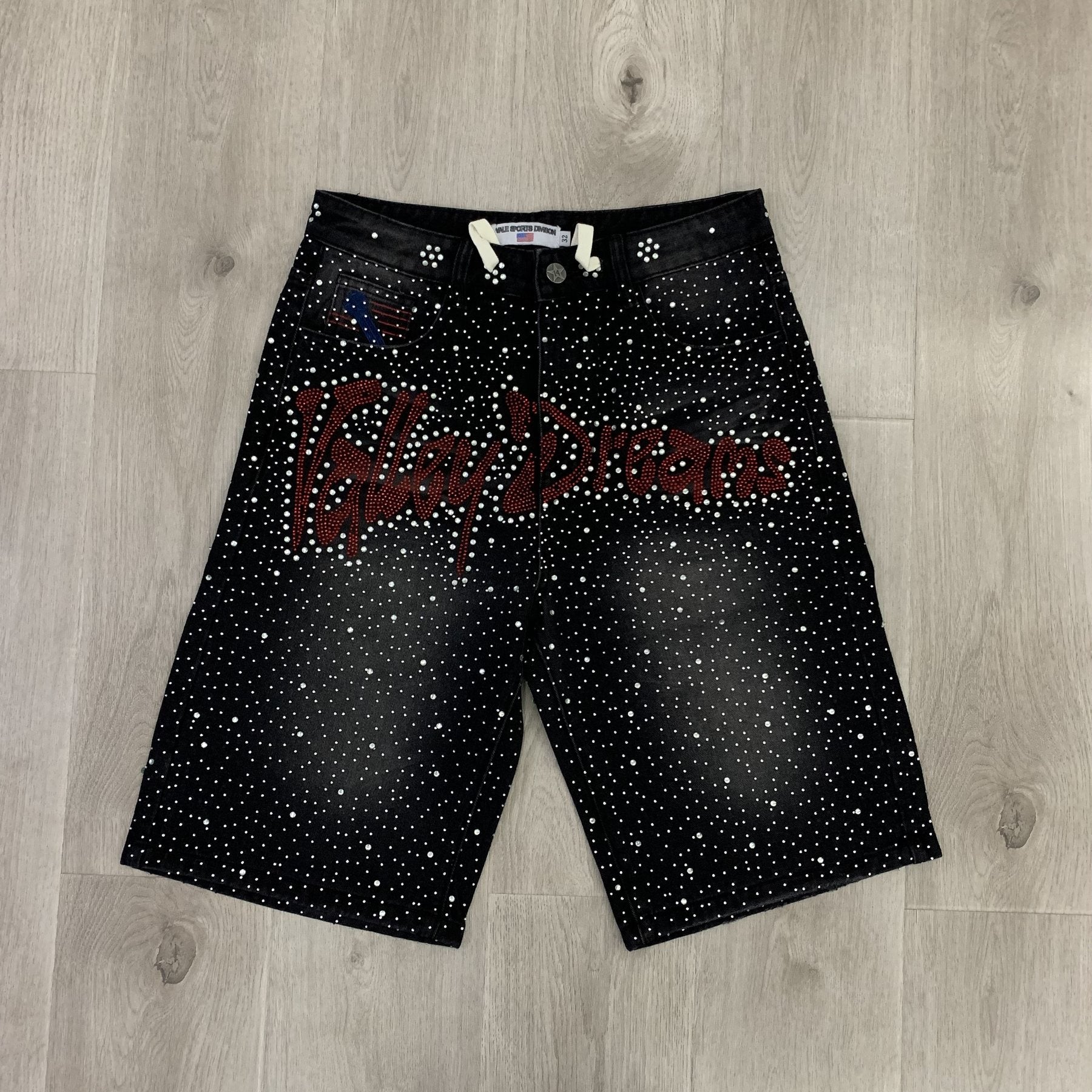 VALLEY Iced Out Rhinestone Denim Jorts — front
