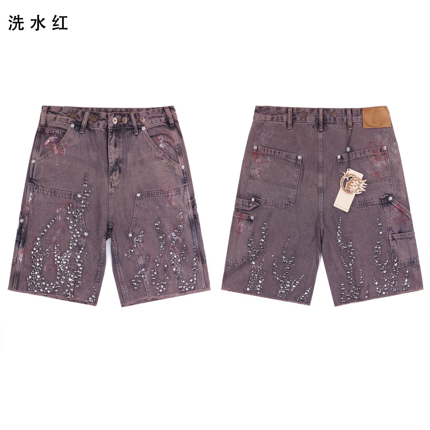 Hellstar Flame Rhinestone Denim Shorts — front