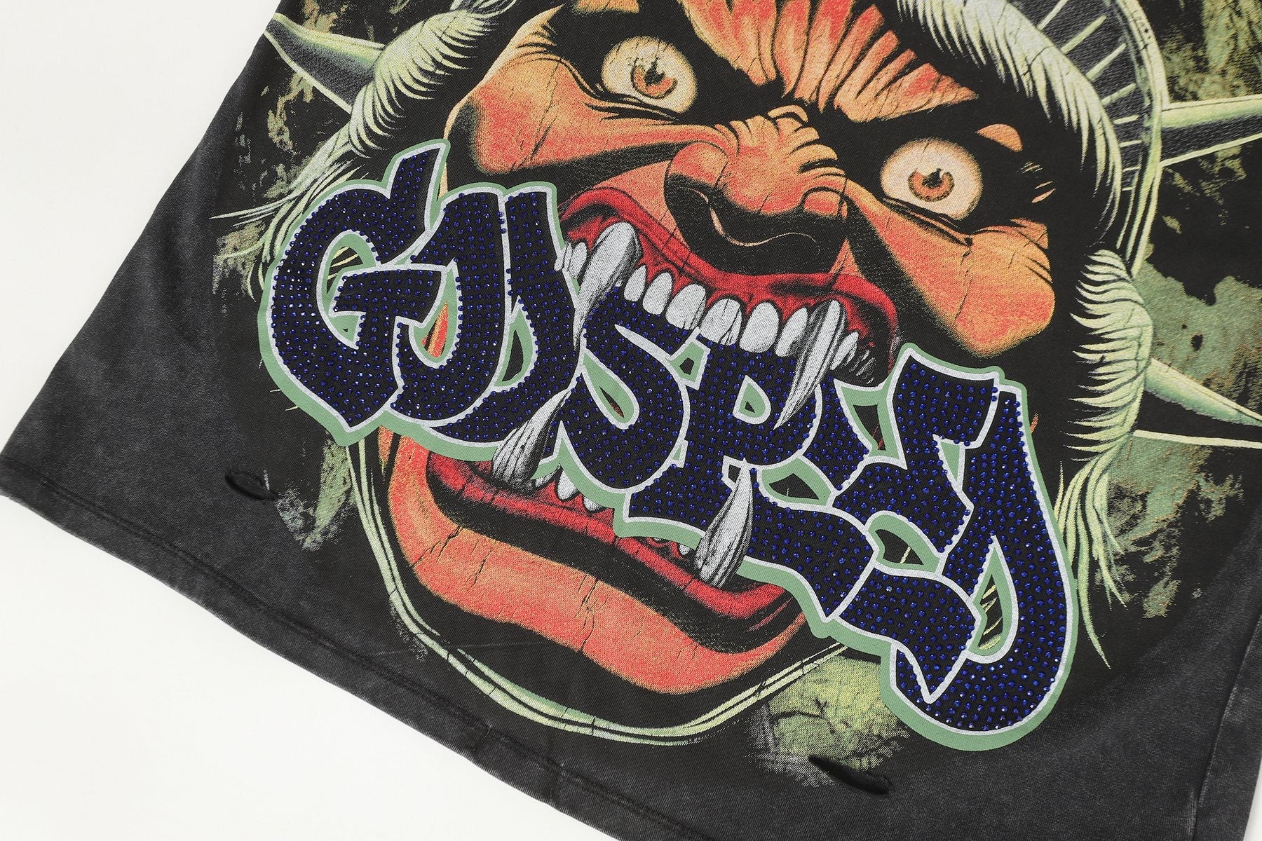 Godspeed Distressed Rhinestone Graphic T-Shirt — detail