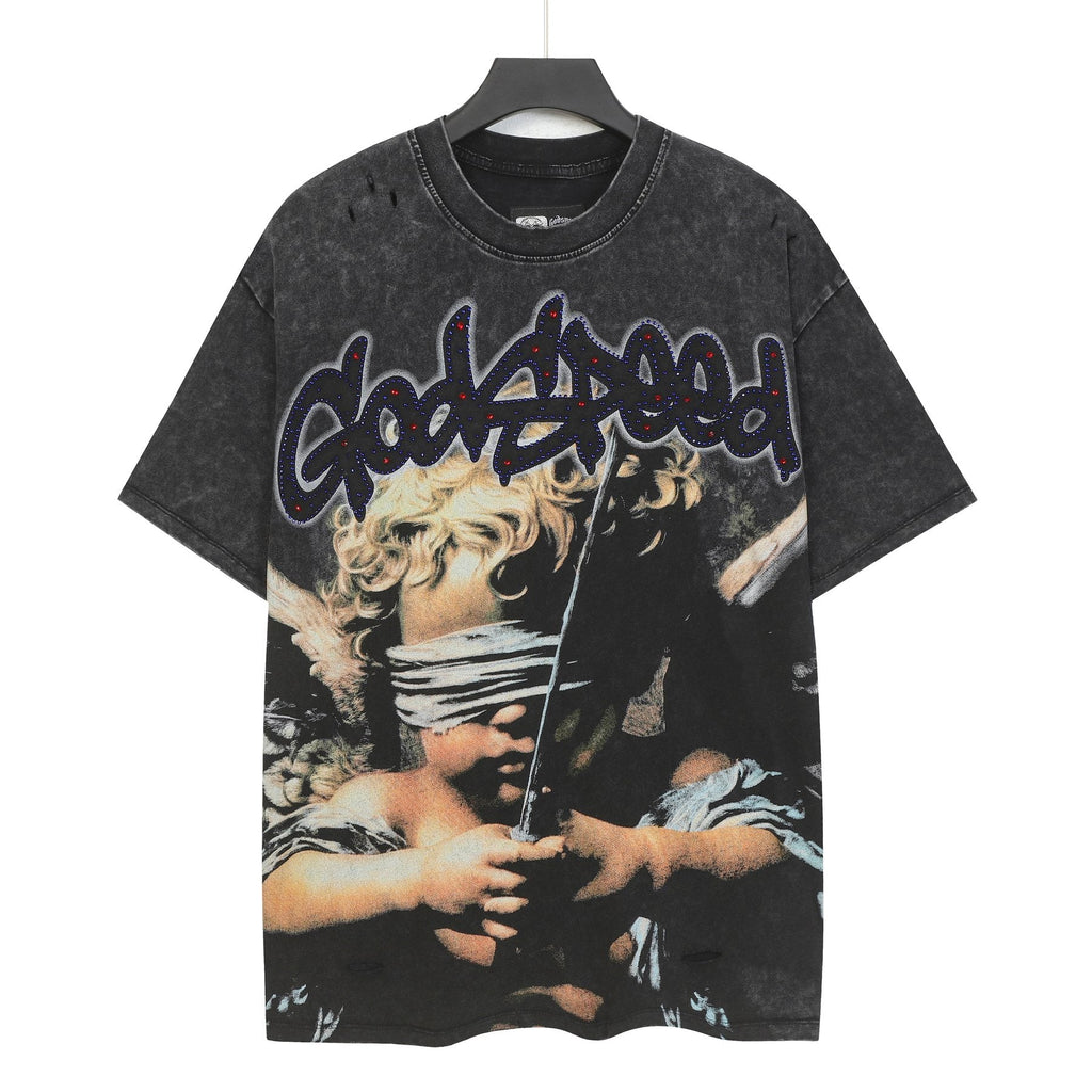 Godspeed Distressed Rhinestone Graphic T-Shirt — front