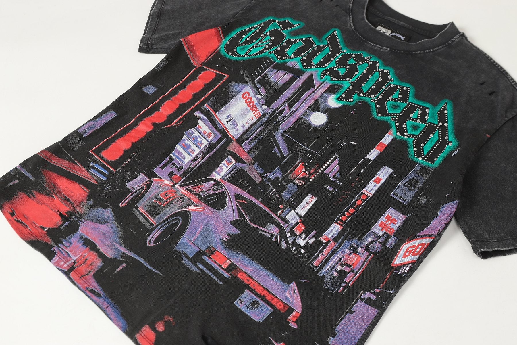 Godspeed City Car Rhinestone Graphic T-Shirt — front