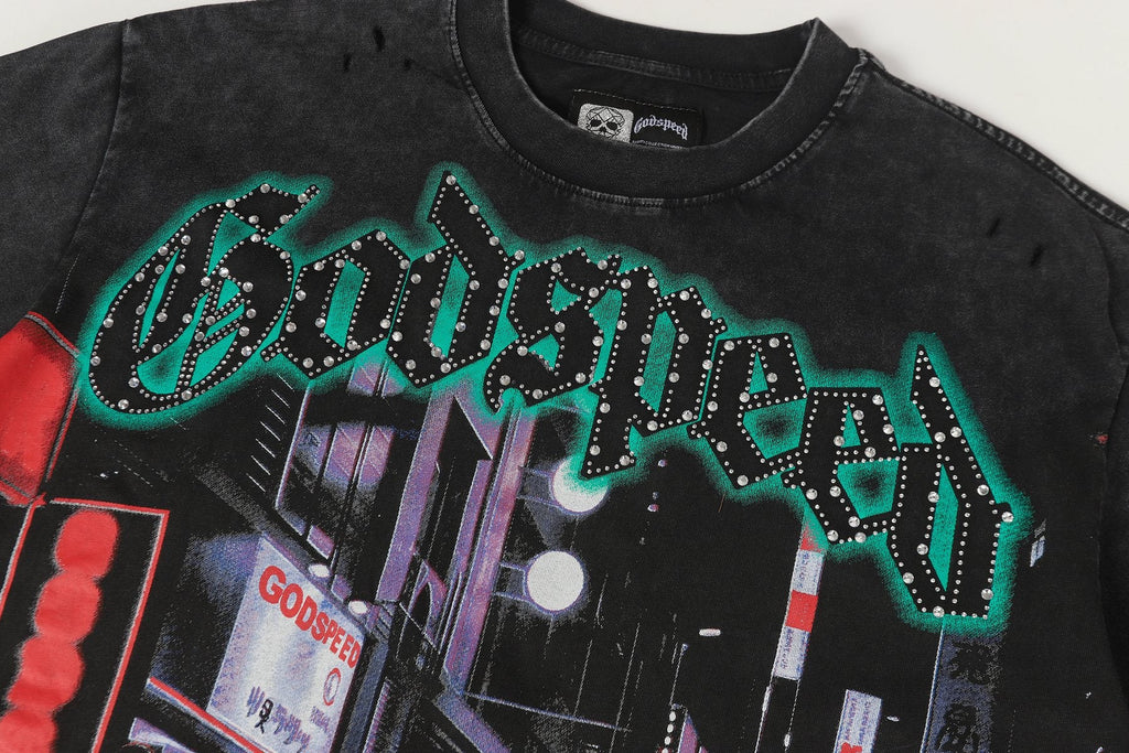 Godspeed City Car Rhinestone Graphic T-Shirt — detail