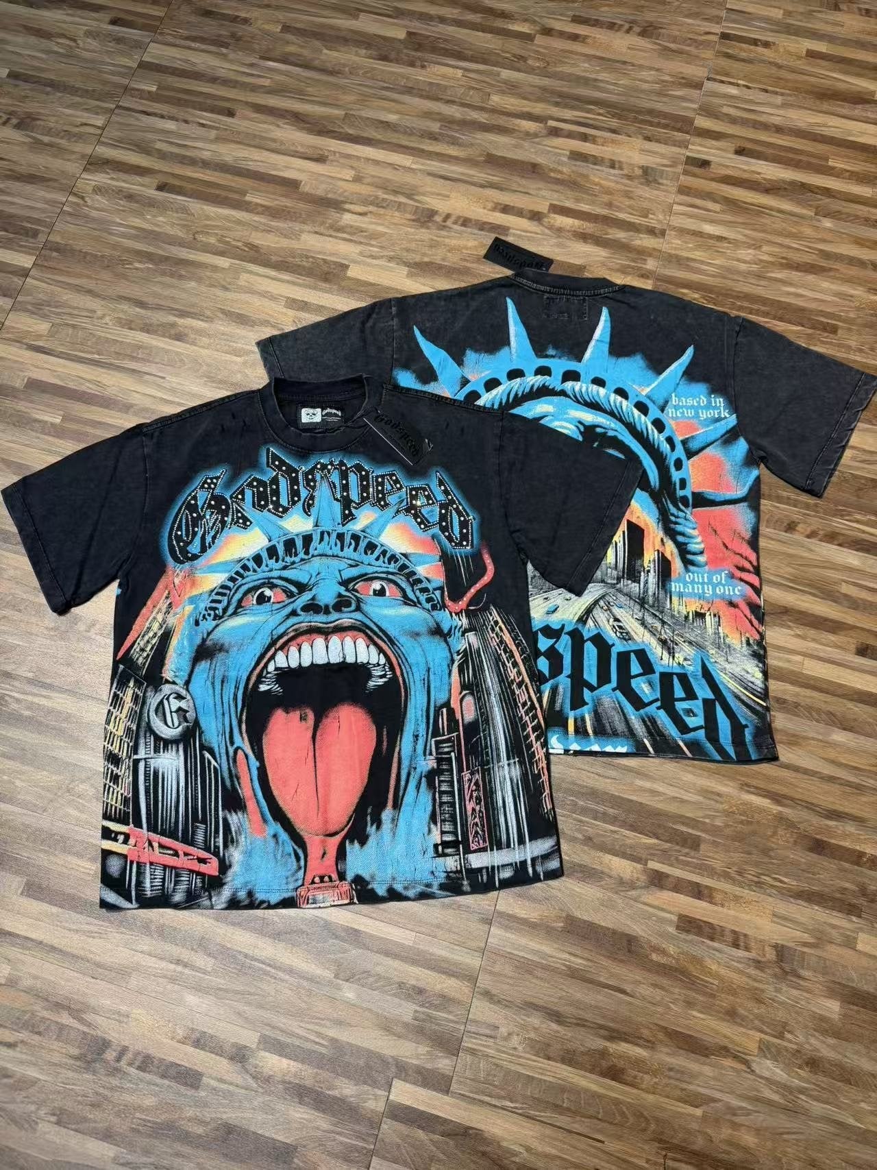Godspeed Distressed Rhinestone Graphic T-Shirt — context