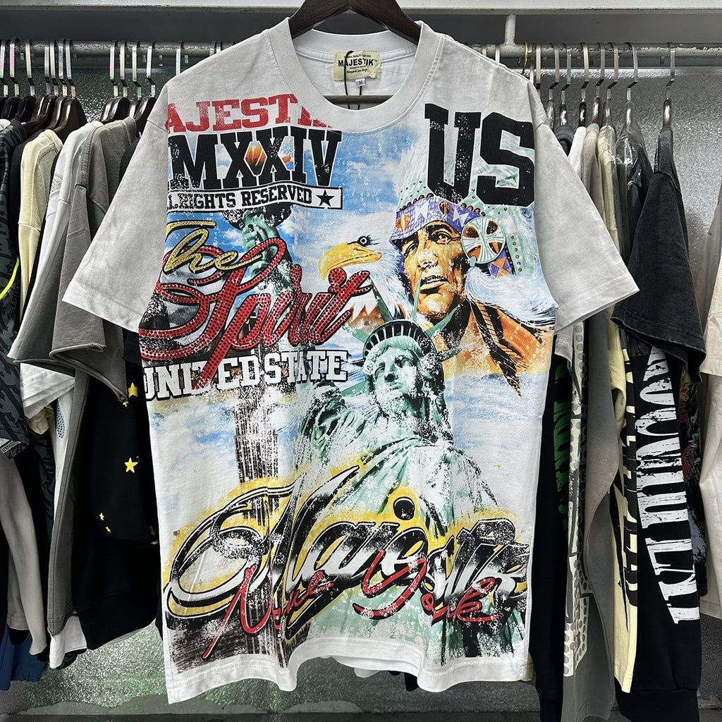 MAJESTIK Liberty Statue Rhinestone Graphic T-Shirt — context