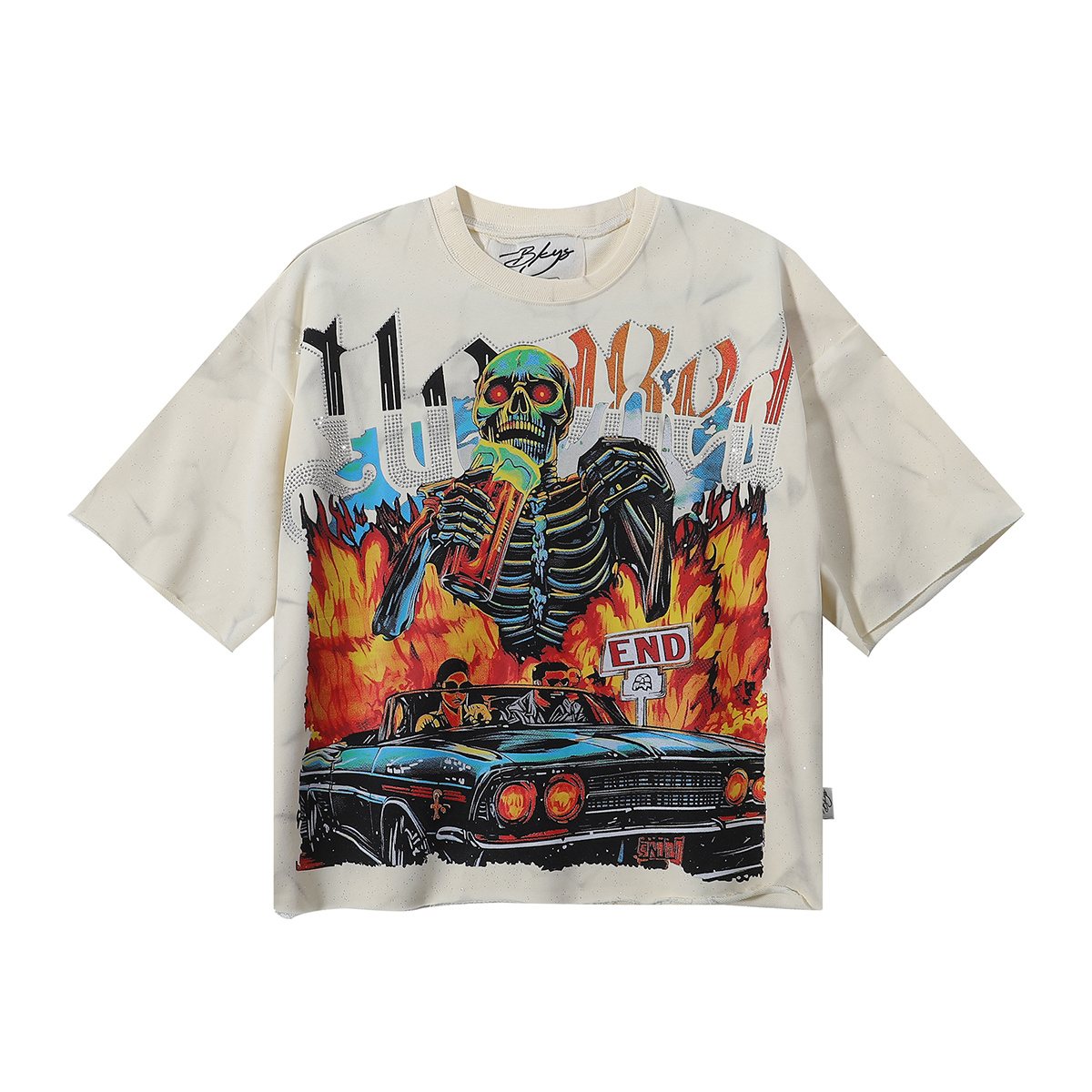 BKYS Revival Rhinestone Skeleton Car Cropped T-Shirt — hero