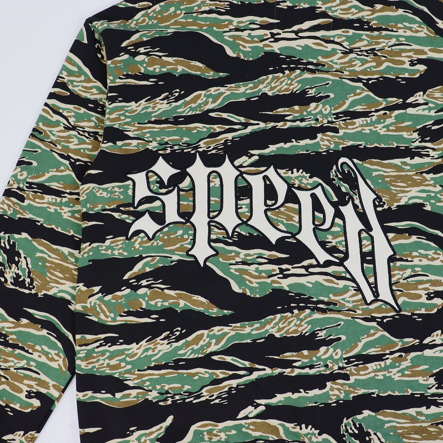Godspeed Camouflage Gothic Letter Zip Hoodie — detail