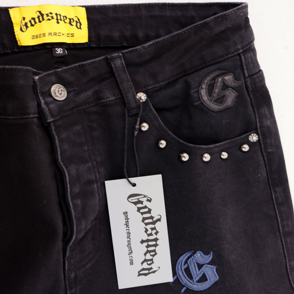 Godspeed Embroidered Flared Jeans — detail