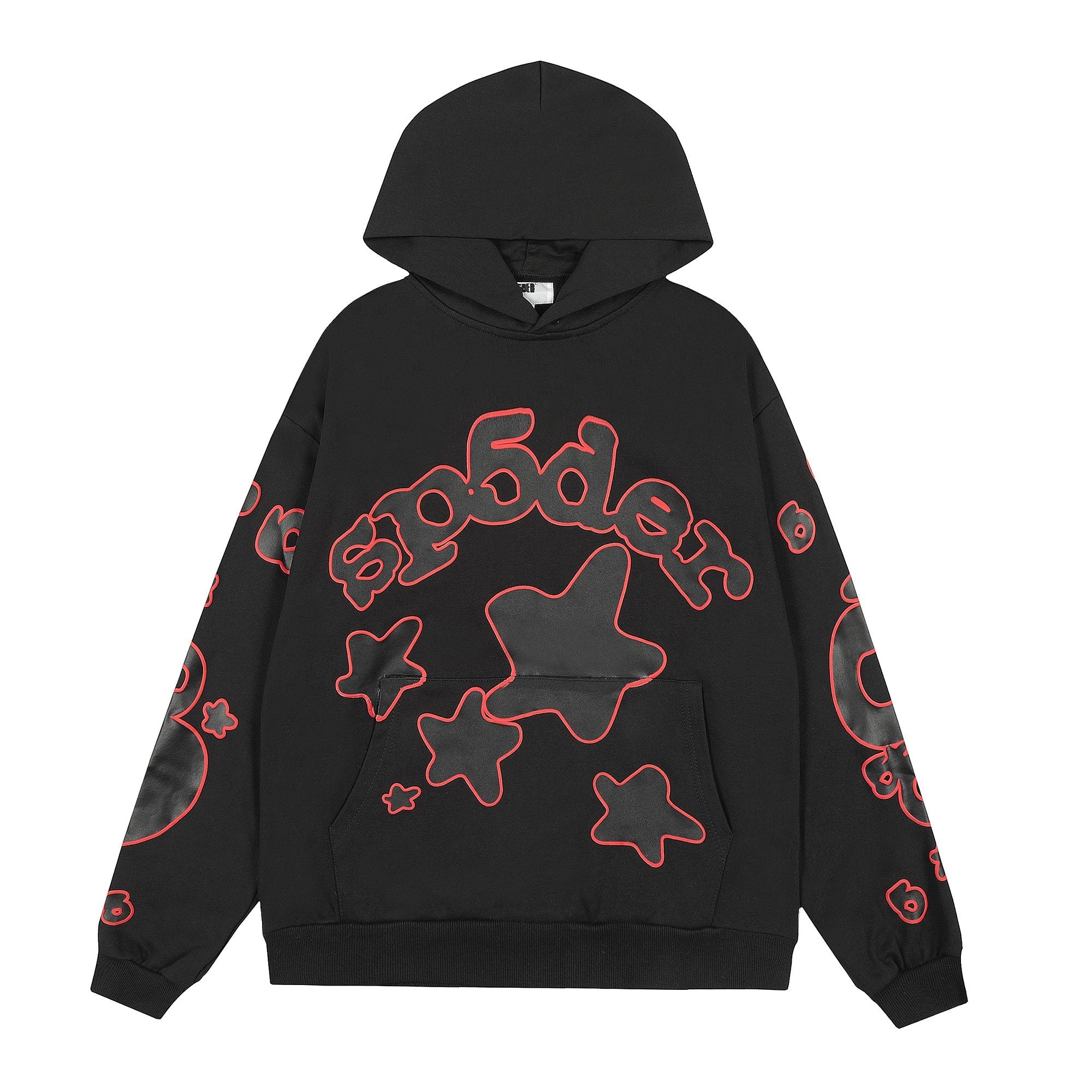 Sp5der Black Red Outline Star Graphic Hoodie — hero